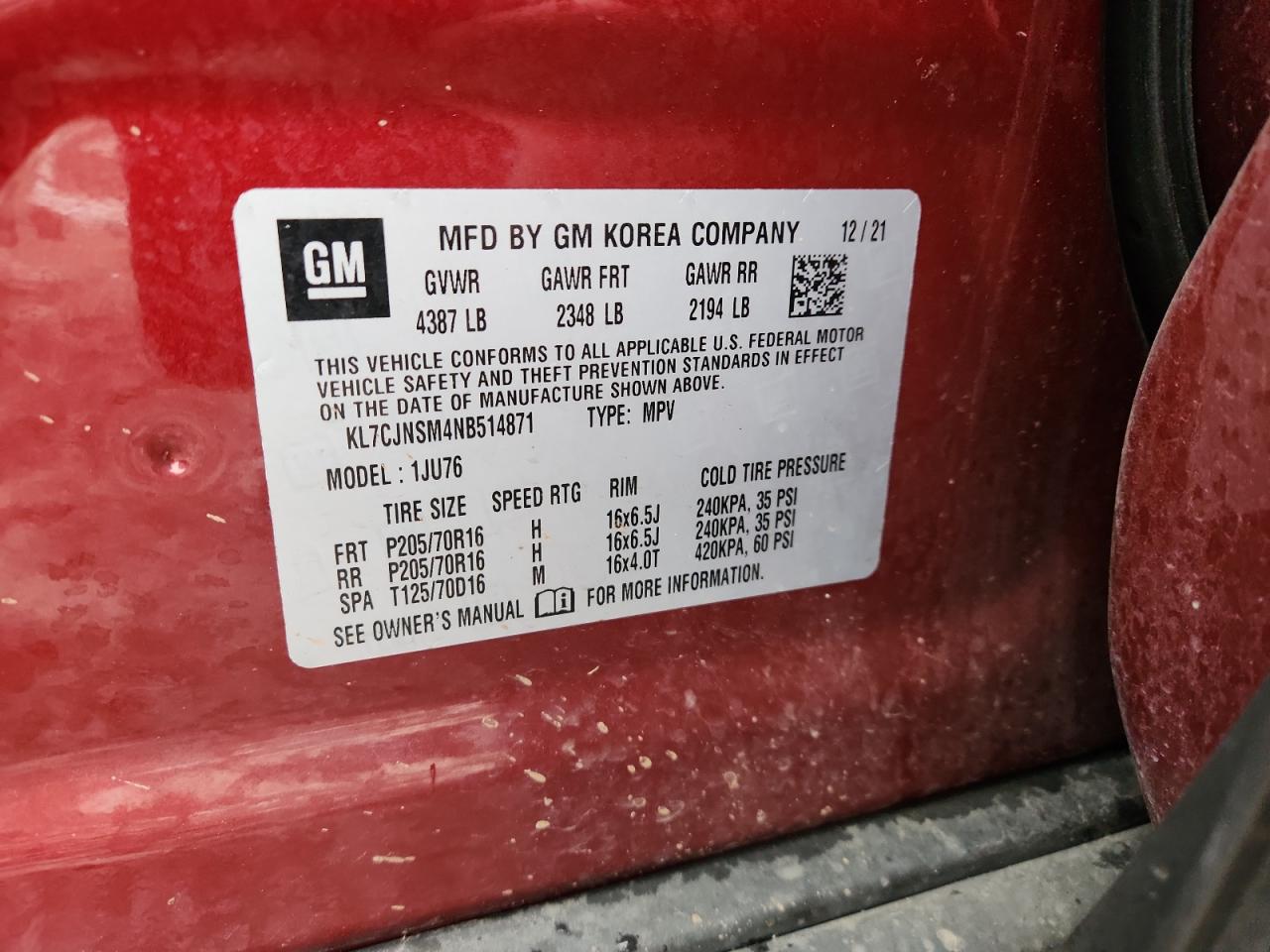 2022 Chevrolet Trax Ls VIN: KL7CJNSM4NB514871 Lot: 92259305