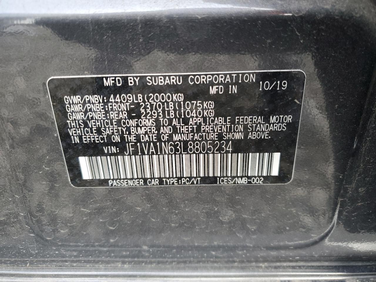 2020 Subaru Wrx Limited VIN: JF1VA1N63L8805234 Lot: 90450625