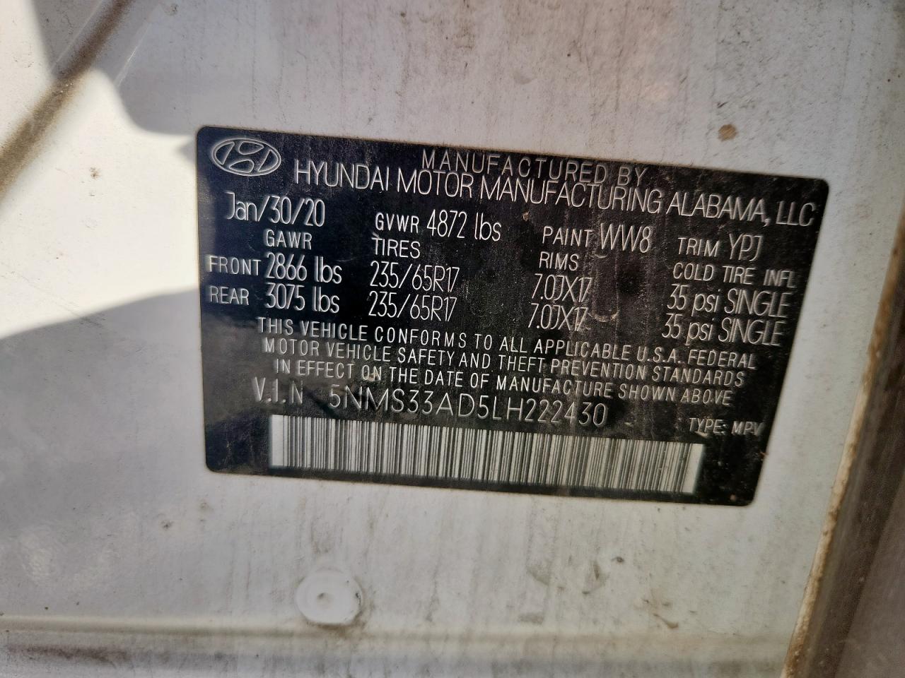2020 Hyundai Santa Fe Sel VIN: 5NMS33AD5LH222430 Lot: 92291885