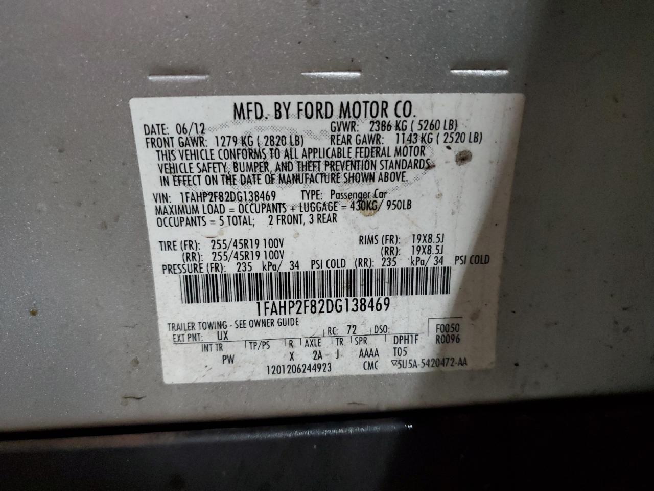 2013 Ford Taurus Limited VIN: 1FAHP2F82DG138469 Lot: 91873395