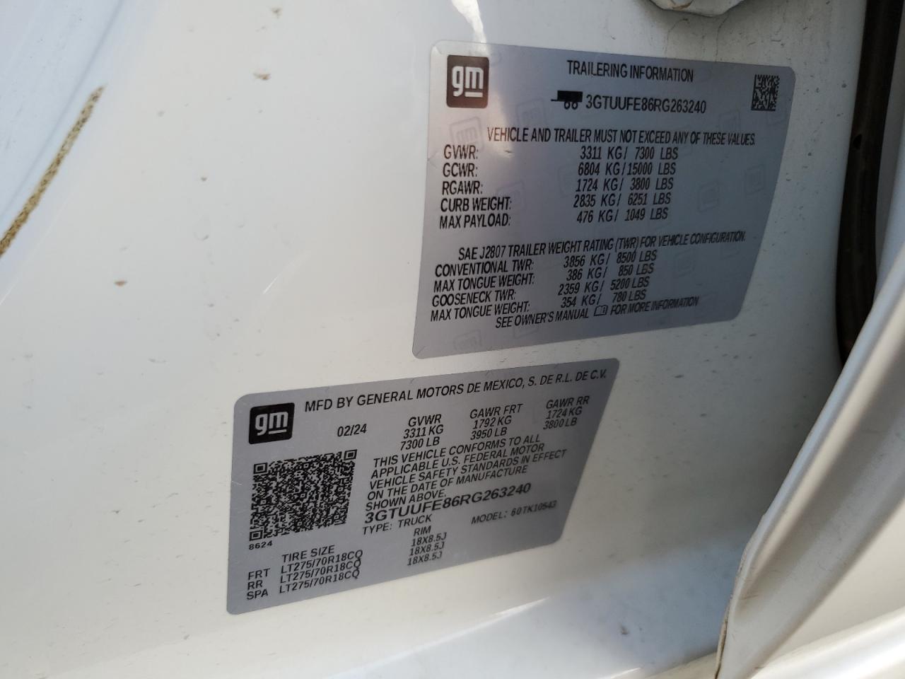 2024 GMC Sierra K1500 At4X VIN: 3GTUUFE86RG263240 Lot: 93070245