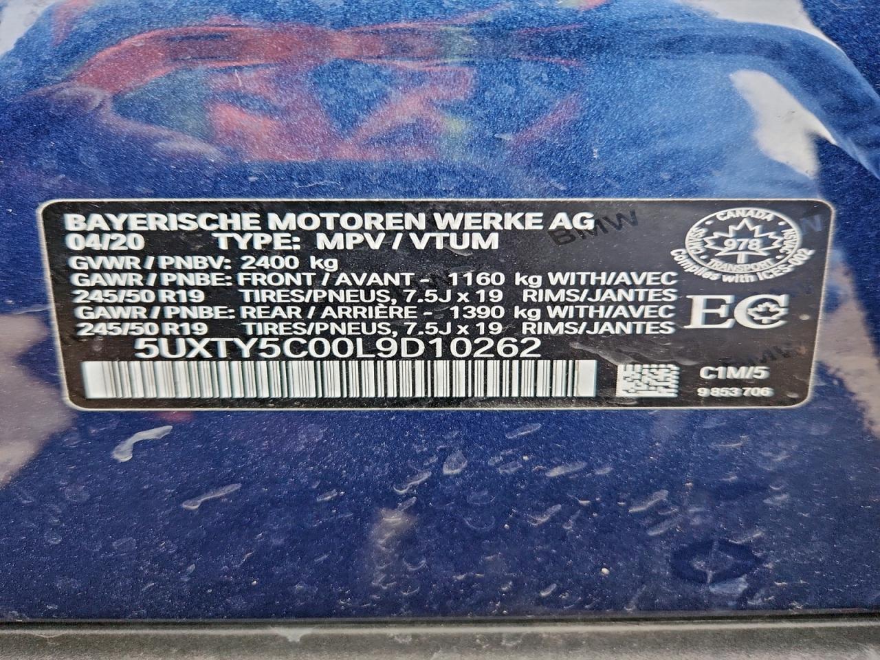 2020 BMW X3 xDrive30I VIN: 5UXTY5C00L9D10262 Lot: 94216175