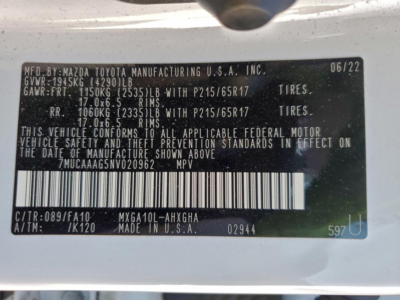 2022 Toyota Corolla Cross Le VIN: 7MUCAAAG5NV020962 Lot: 94114715