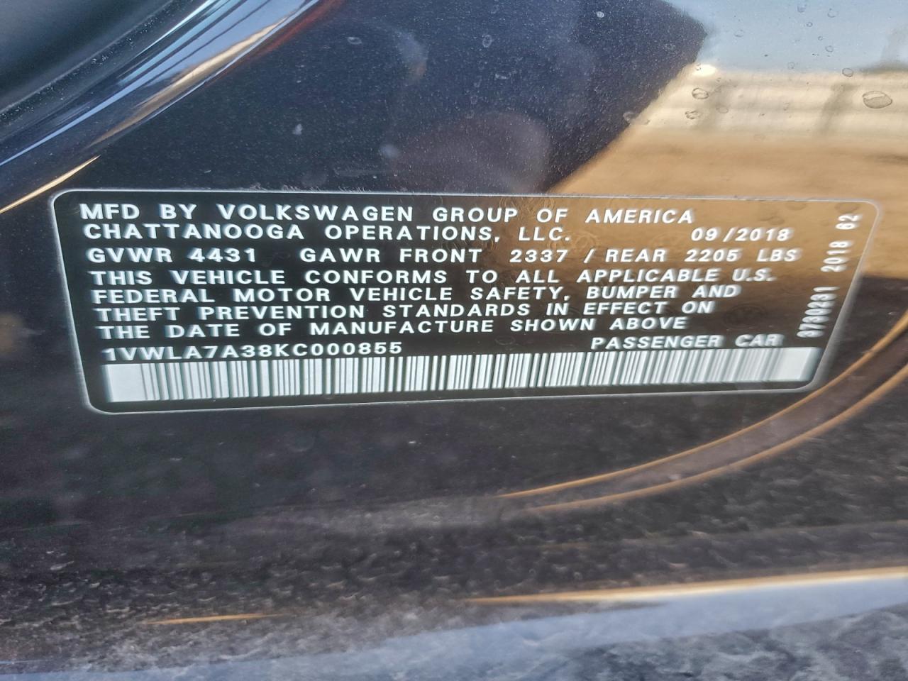 2019 Volkswagen Passat Wolfsburg VIN: 1VWLA7A38KC000855 Lot: 94683775