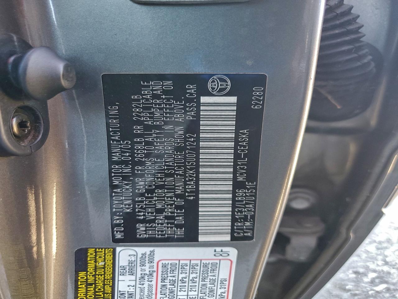 2005 Toyota Camry Se VIN: 4T1BA32K15U071242 Lot: 94710335