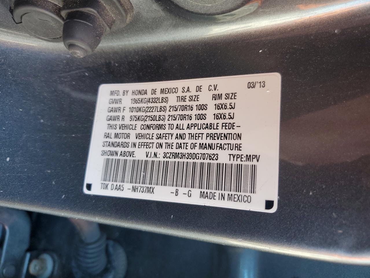 2013 Honda Cr-V Lx VIN: 3CZRM3H39DG707623 Lot: 93280315