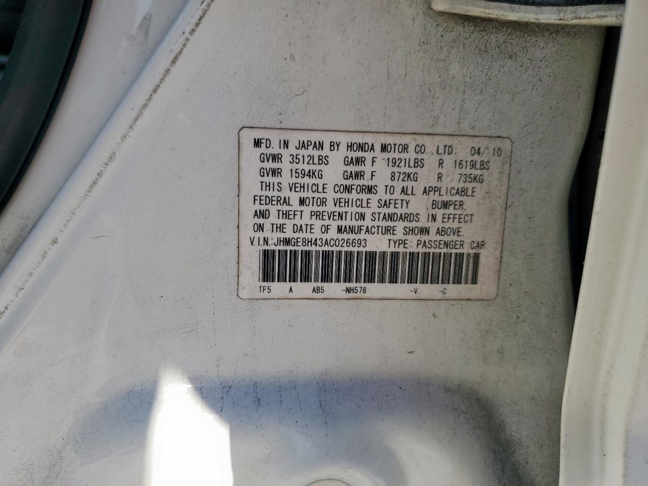 2010 Honda Fit Sport VIN: JHMGE8H43AC026693 Lot: 90520905