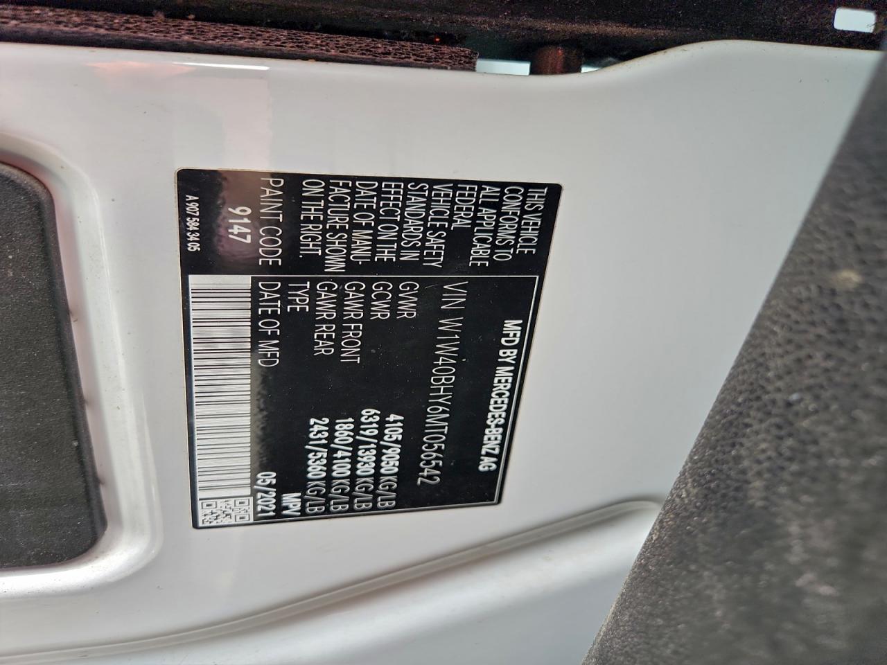 2021 Mercedes-Benz Sprinter 2500 VIN: W1W40BHY6MT056542 Lot: 93832725