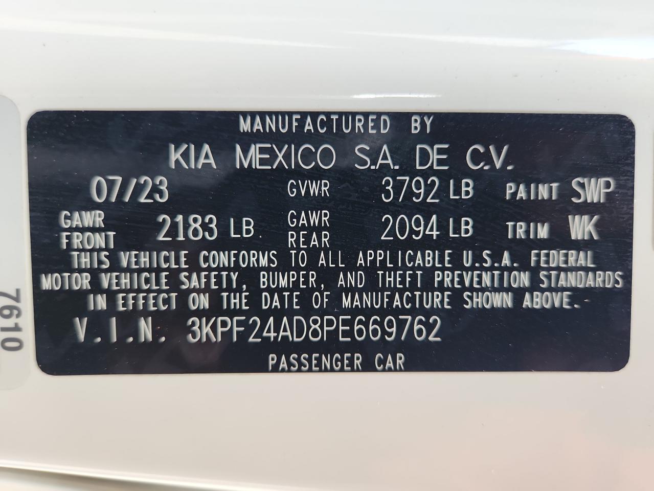 2023 Kia Forte Lx VIN: 3KPF24AD8PE669762 Lot: 93136585