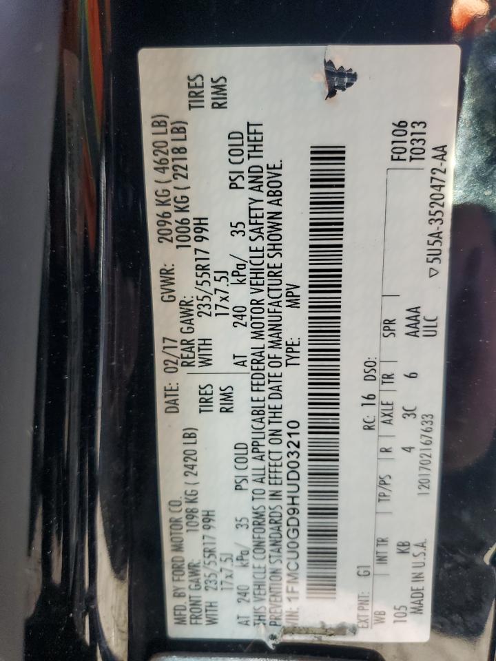 2017 Ford Escape Se VIN: 1FMCU0GD9HUD03210 Lot: 92368825