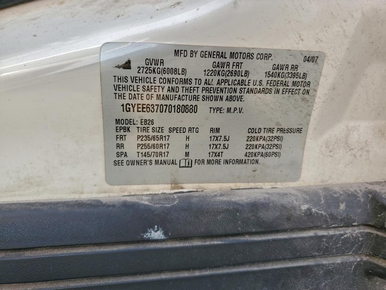 2007 Cadillac Srx VIN: 1GYEE637070180880 Lot: 93498435