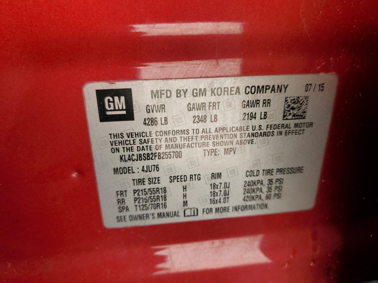 2015 Buick Encore Convenience VIN: KL4CJBSB2FB255700 Lot: 92715155