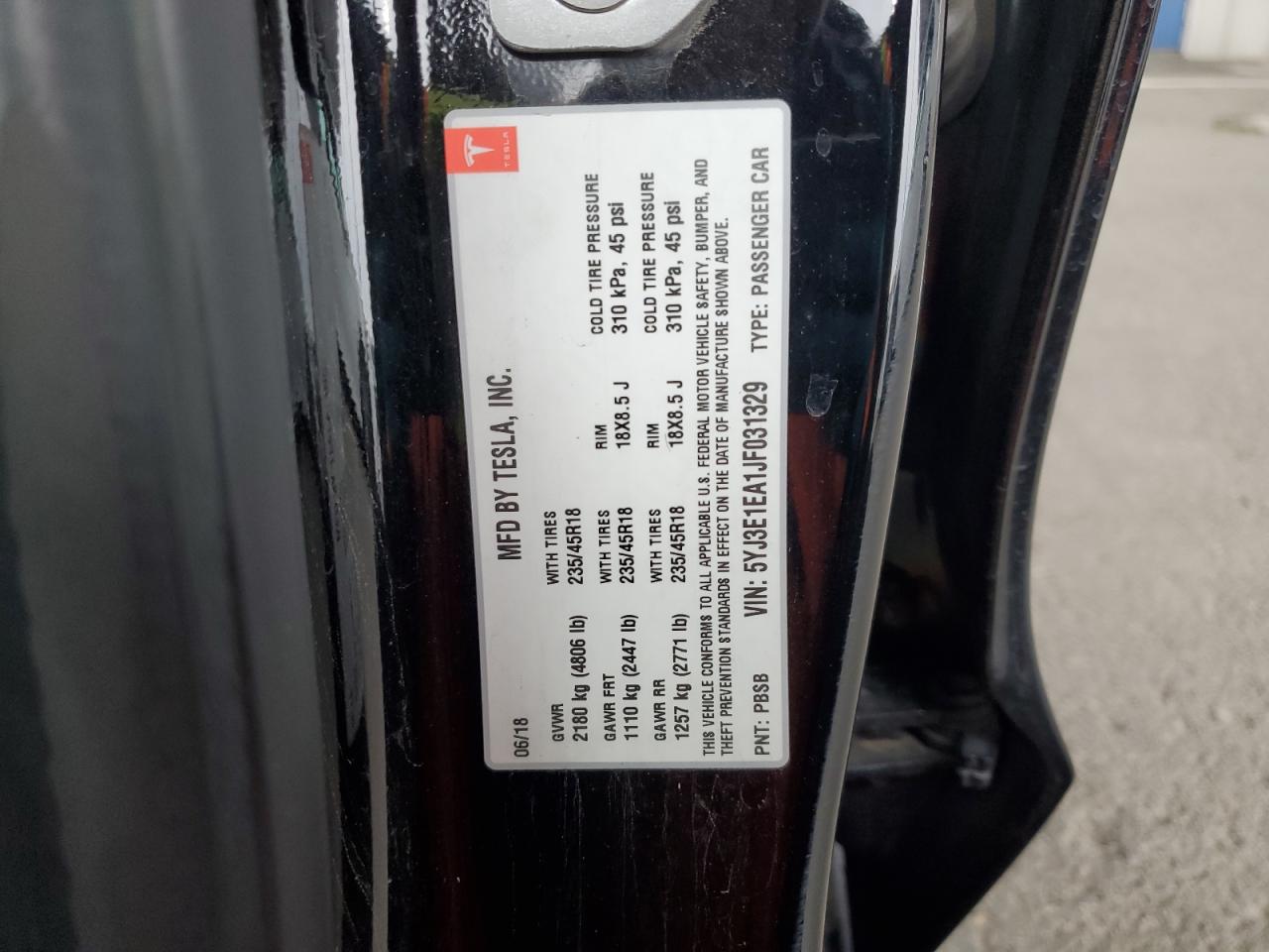 2018 Tesla Model 3 VIN: 5YJ3E1EA1JF031329 Lot: 93410215