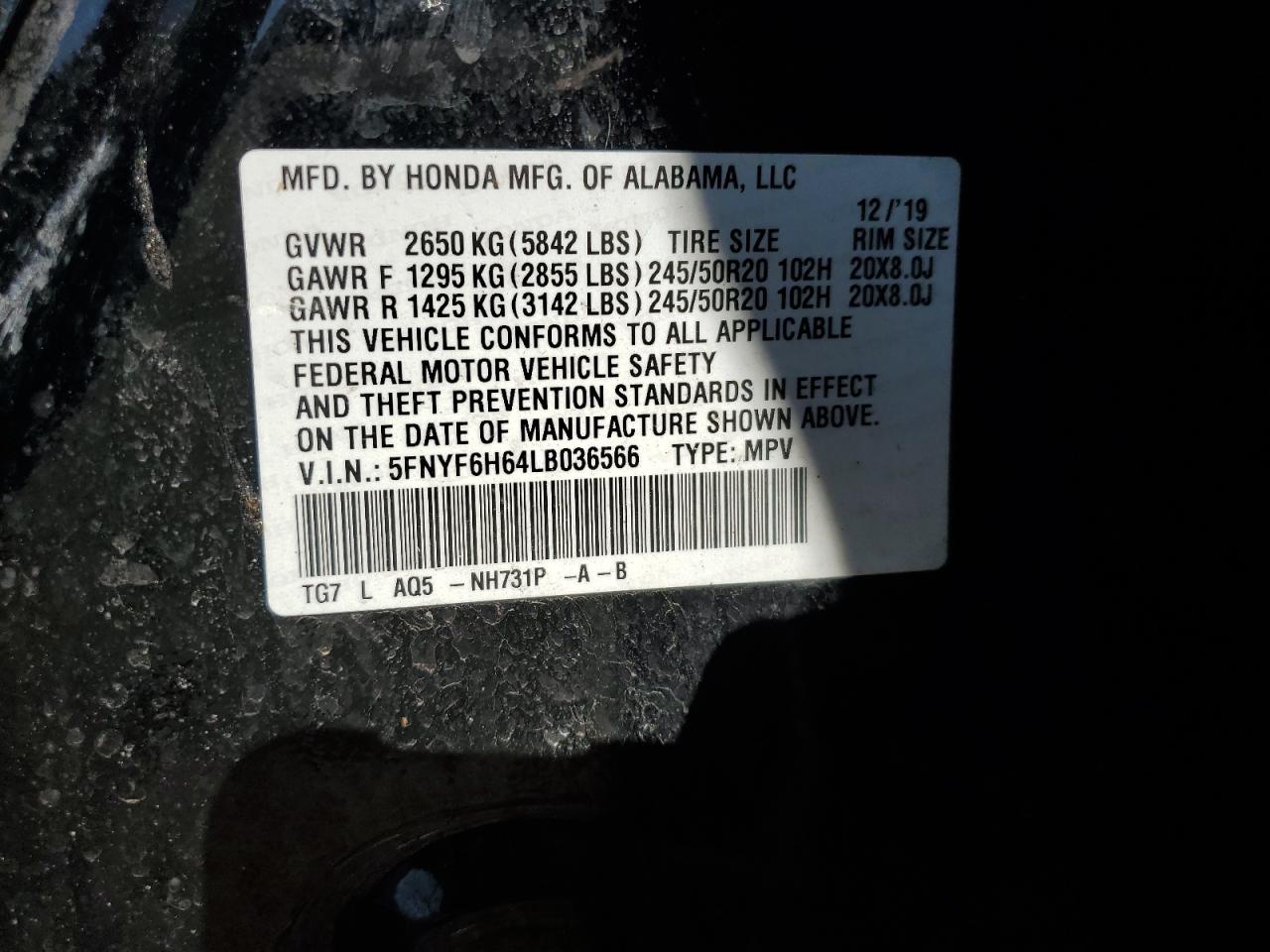 2020 Honda Pilot Touring VIN: 5FNYF6H64LB036566 Lot: 91213955