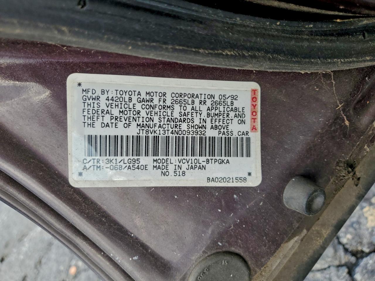 1993 Lexus Es 300 VIN: JT8VK13T4N0093932 Lot: 93789885