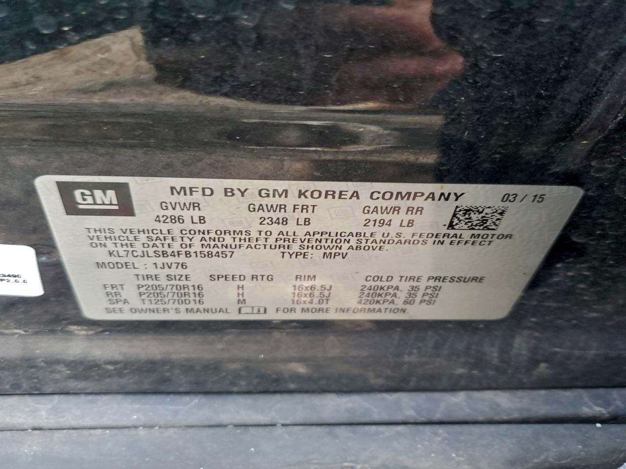 2015 Chevrolet Trax 1Lt VIN: KL7CJLSB4FB158457 Lot: 94189985