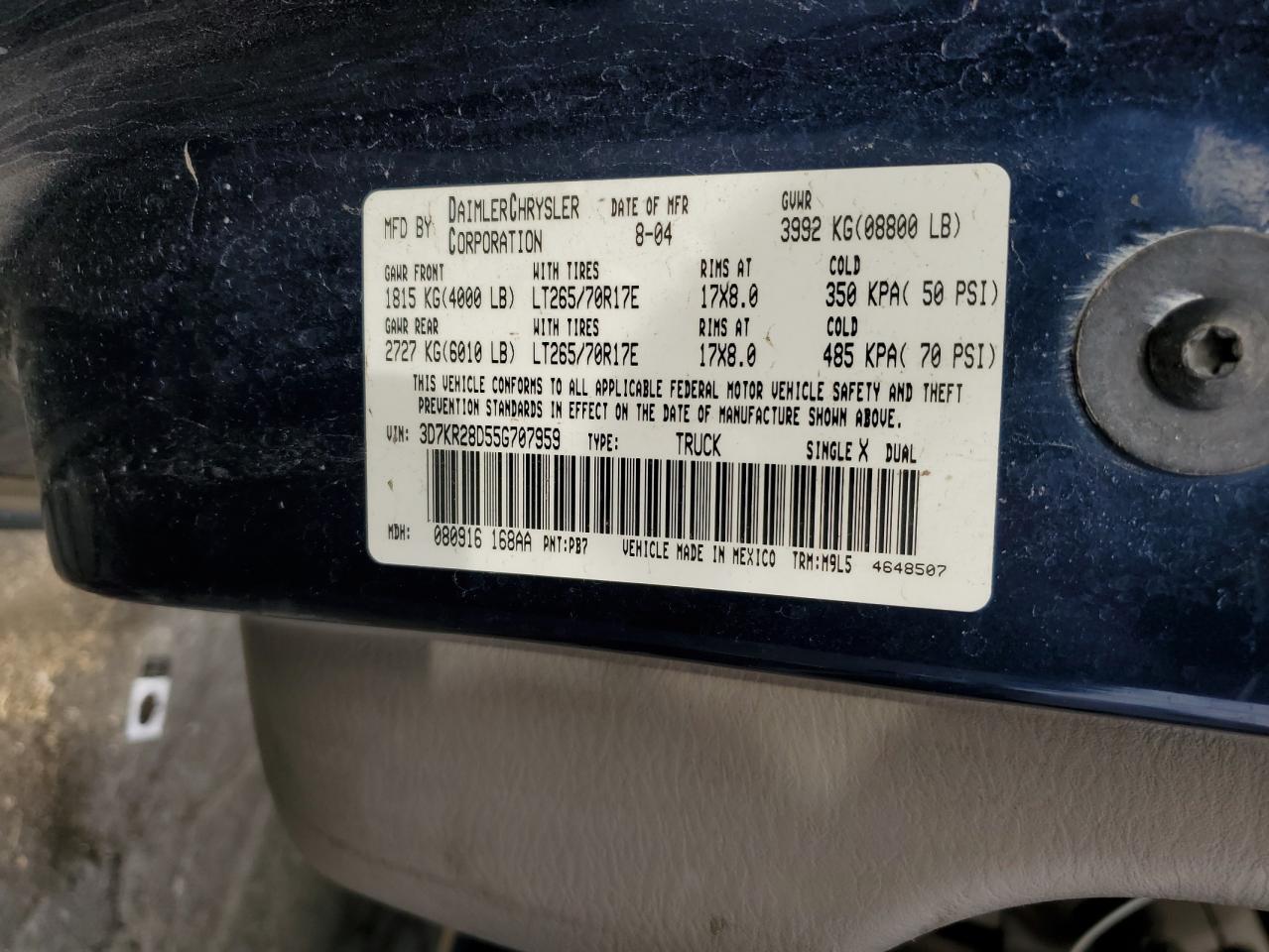 2005 Dodge Ram 2500 St VIN: 3D7KR28D55G707959 Lot: 92309515