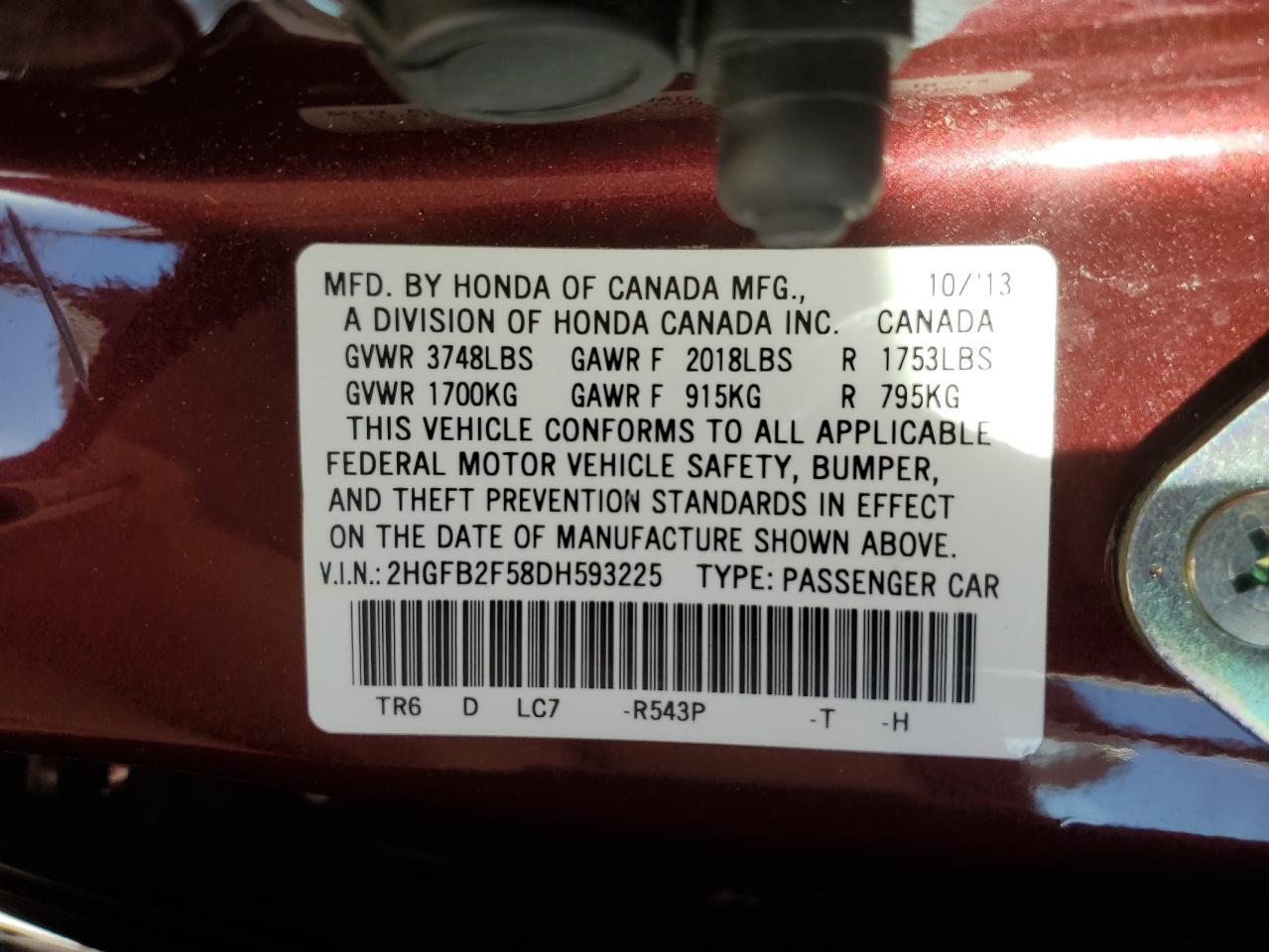 2013 Honda Civic Lx VIN: 2HGFB2F58DH593225 Lot: 91742965