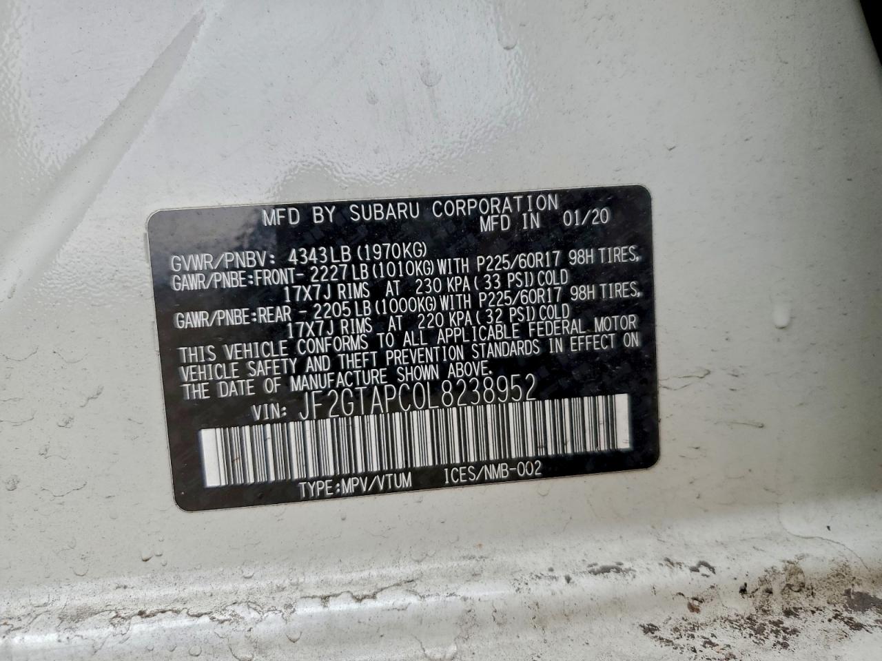 2020 Subaru Crosstrek Premium VIN: JF2GTAPC0L8238952 Lot: 93911545