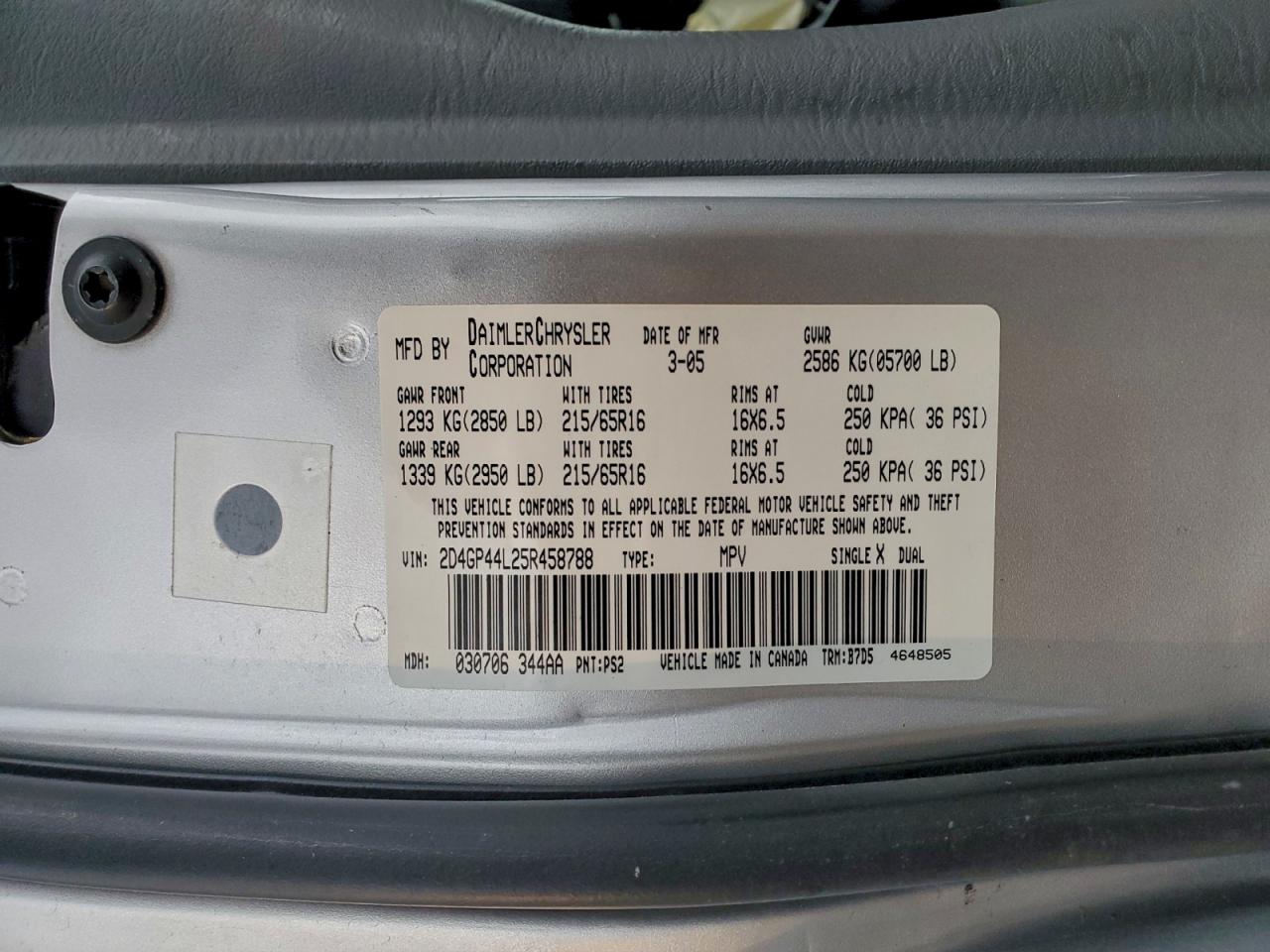 2005 Dodge Grand Caravan Sxt VIN: 2D4GP44L25R458788 Lot: 94099905