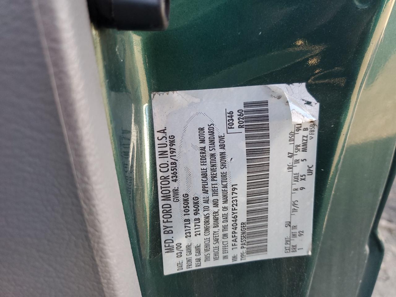 2000 Ford Mustang VIN: 1FAFP4046YF231791 Lot: 91700485