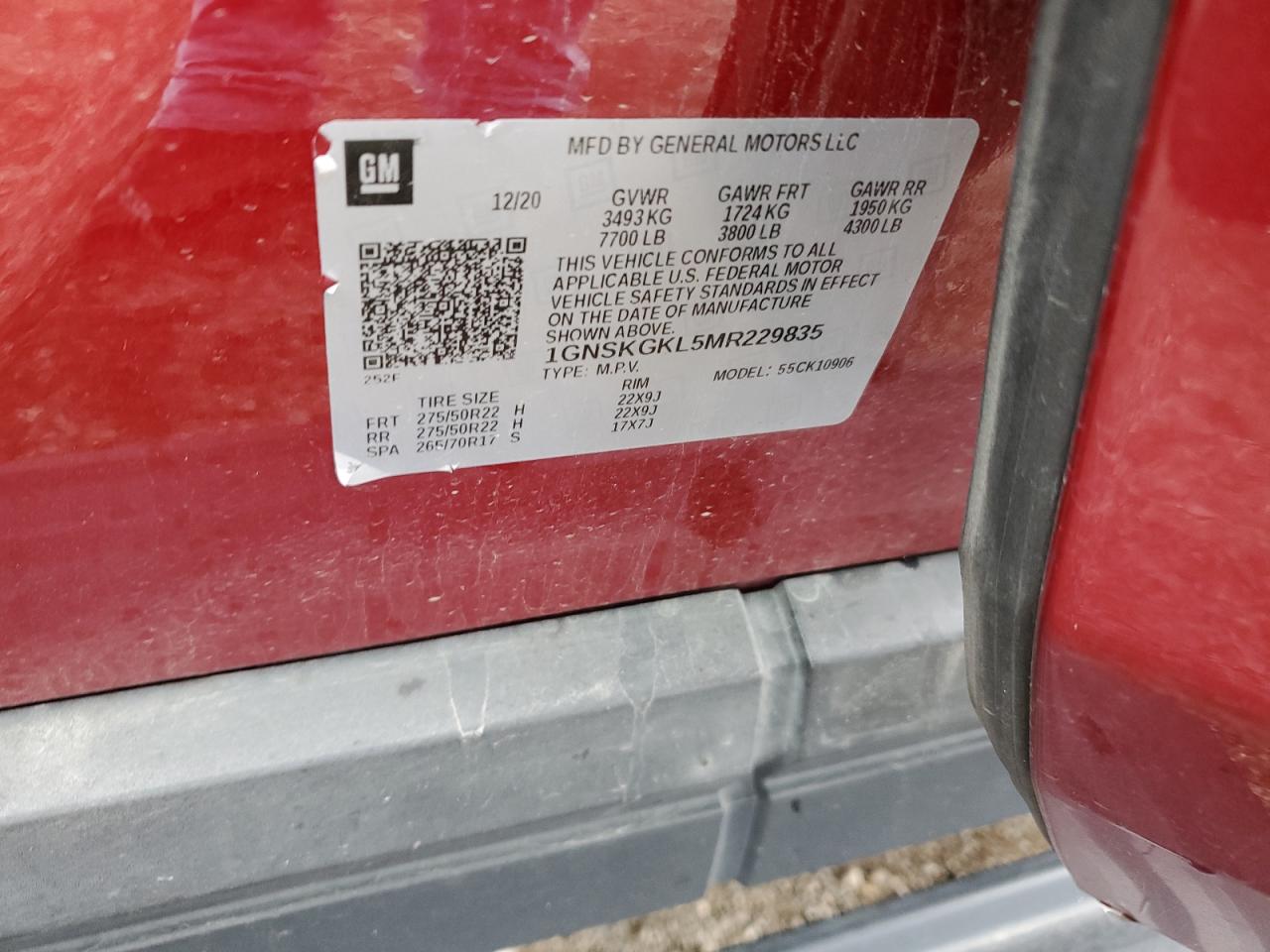 2021 Chevrolet Suburban K1500 High Country VIN: 1GNSKGKL5MR229835 Lot: 93085085