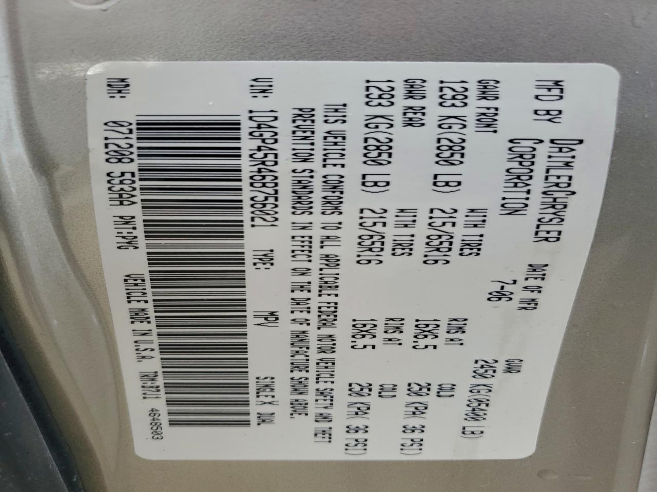 2006 Dodge Caravan Sxt VIN: 1D4GP45R46B756021 Lot: 93251405