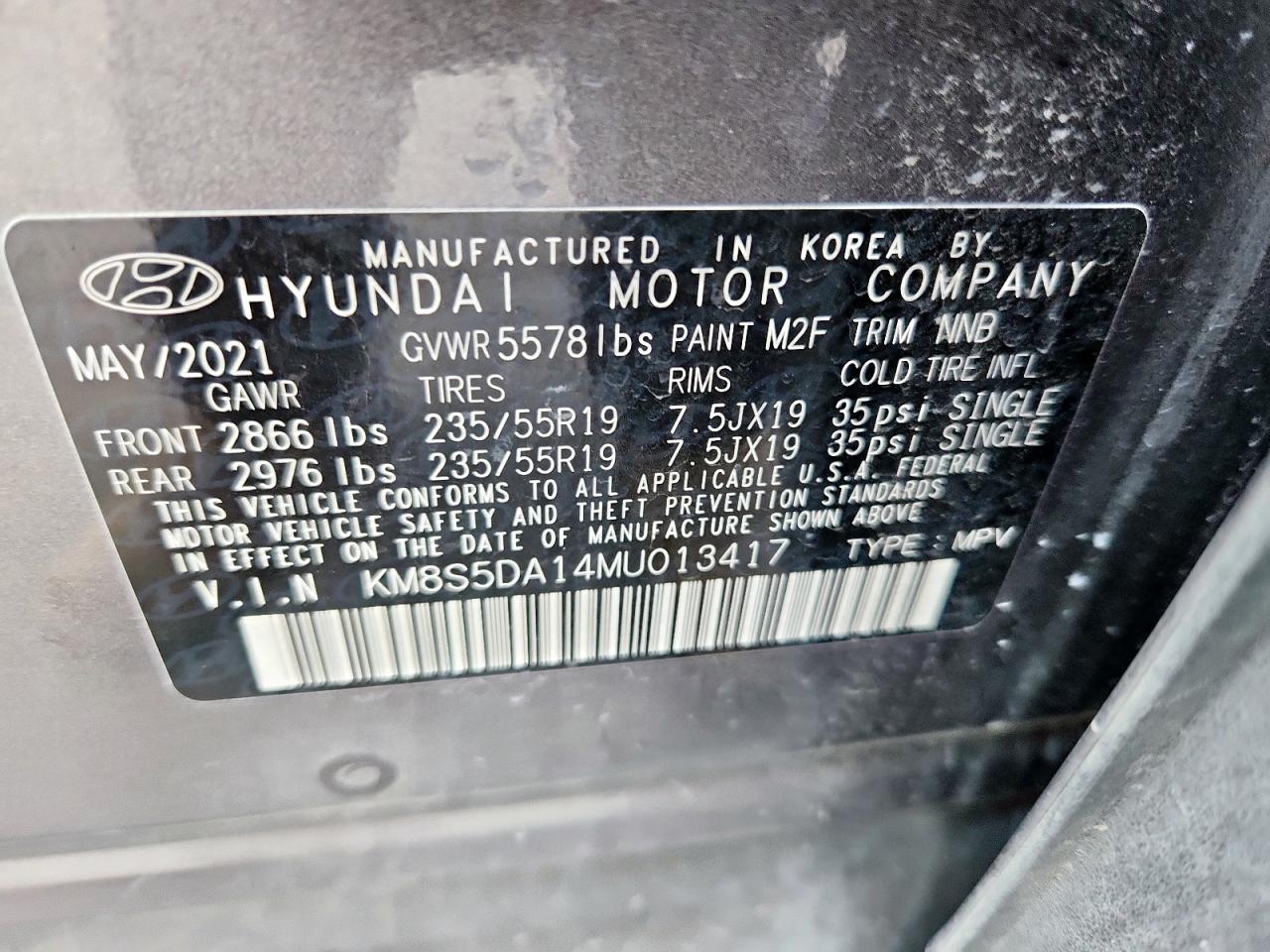2021 Hyundai Santa Fe Limited VIN: KM8S5DA14MU013417 Lot: 93276565