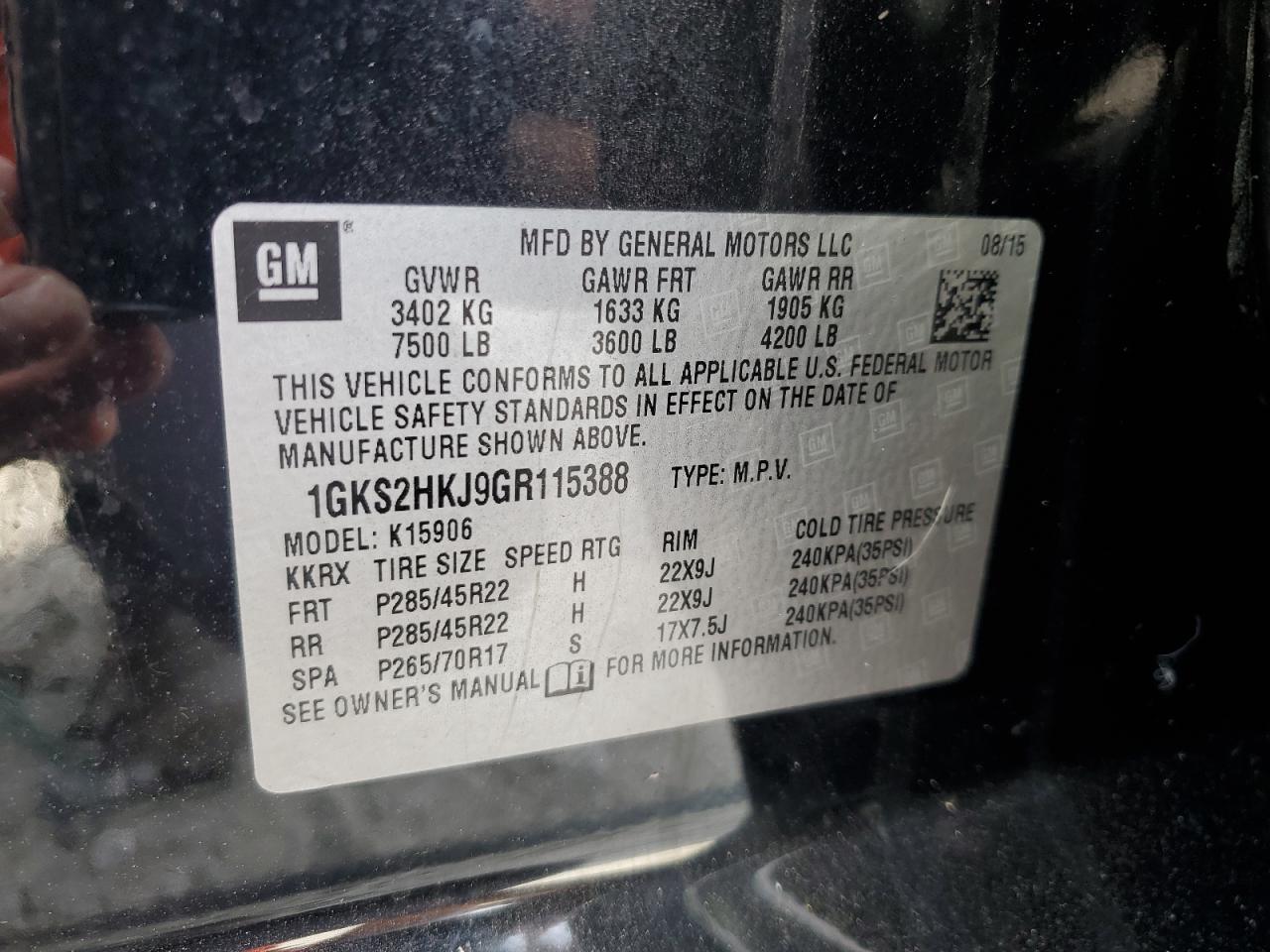 2016 GMC Yukon Xl Denali VIN: 1GKS2HKJ9GR115388 Lot: 92710215