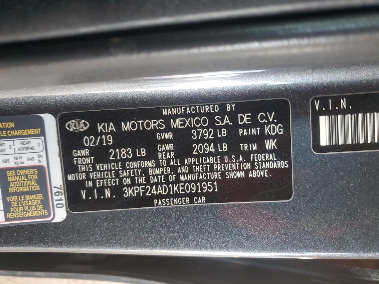 2019 Kia Forte Fe VIN: 3KPF24AD1KE091951 Lot: 92288105