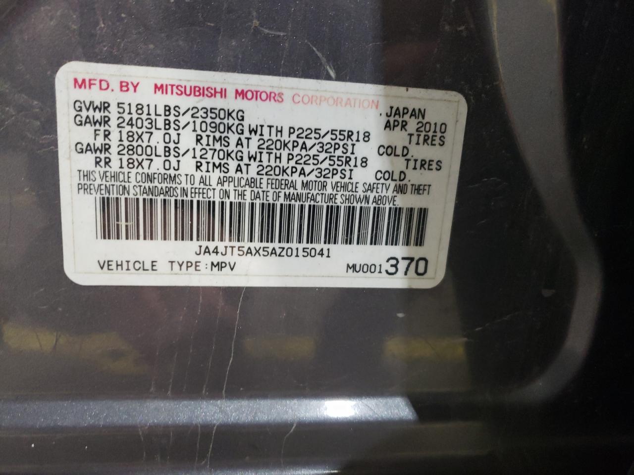 2010 Mitsubishi Outlander Gt VIN: JA4JT5AX5AZ015041 Lot: 91584355