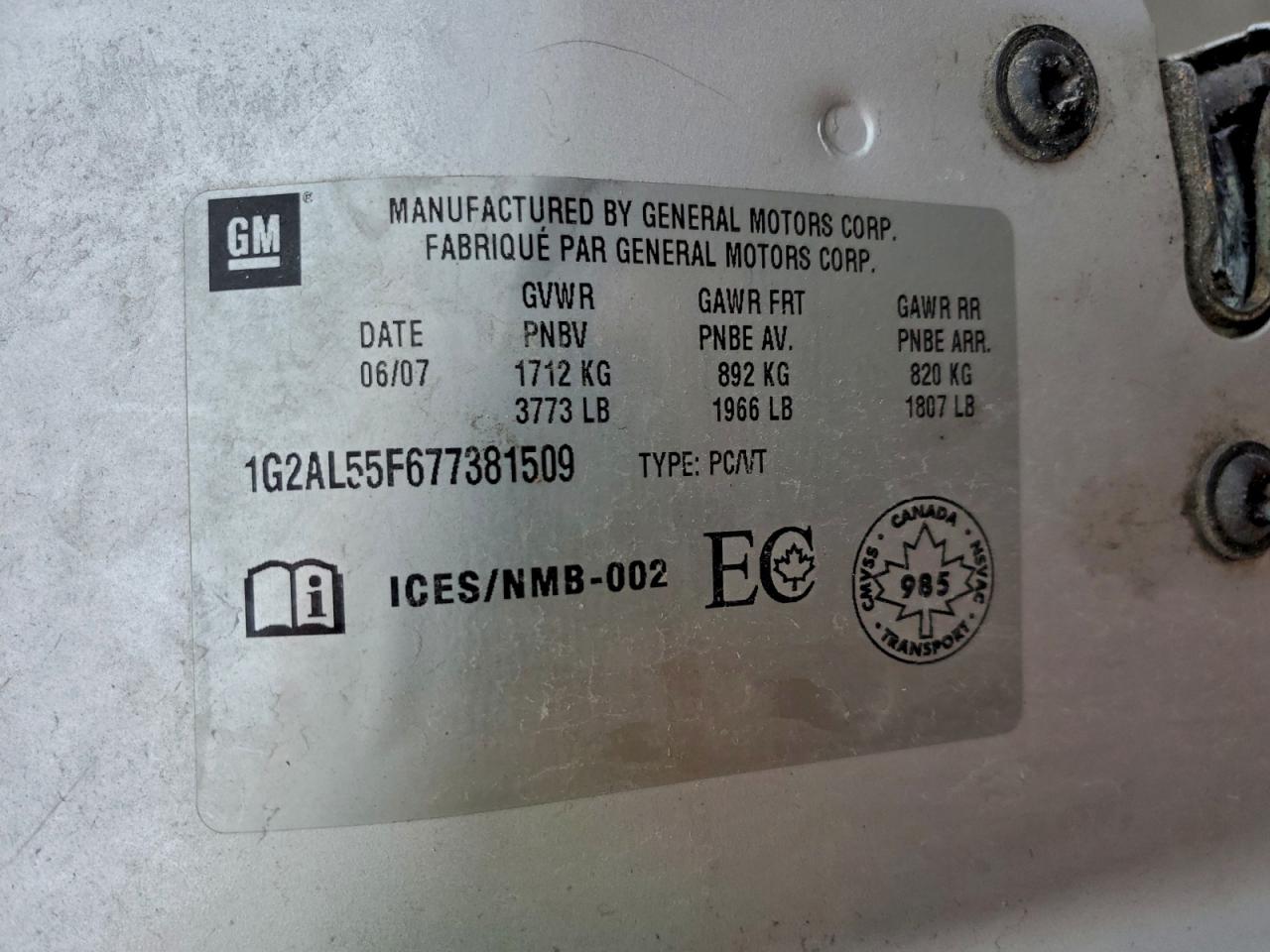 2007 Pontiac G5 Se VIN: 1G2AL55F677381509 Lot: 93874345