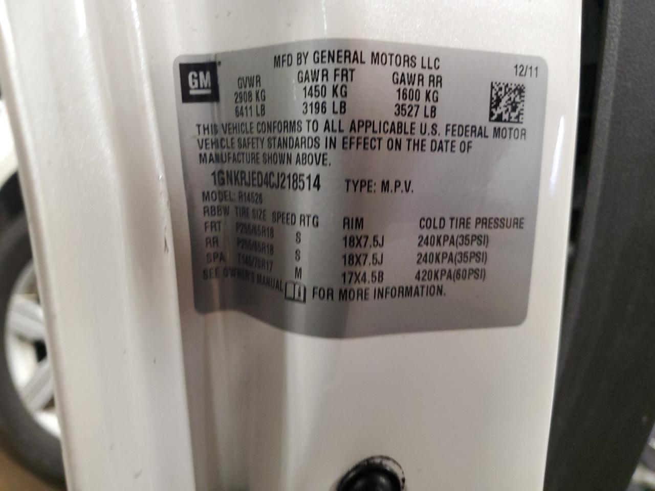 2012 Chevrolet Traverse Lt VIN: 1GNKRJED4CJ218514 Lot: 92248405