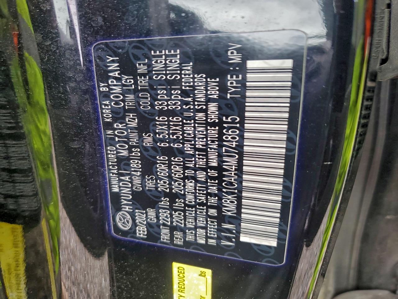 2021 Hyundai Kona Se VIN: KM8K1CAA4MU748615 Lot: 94080025