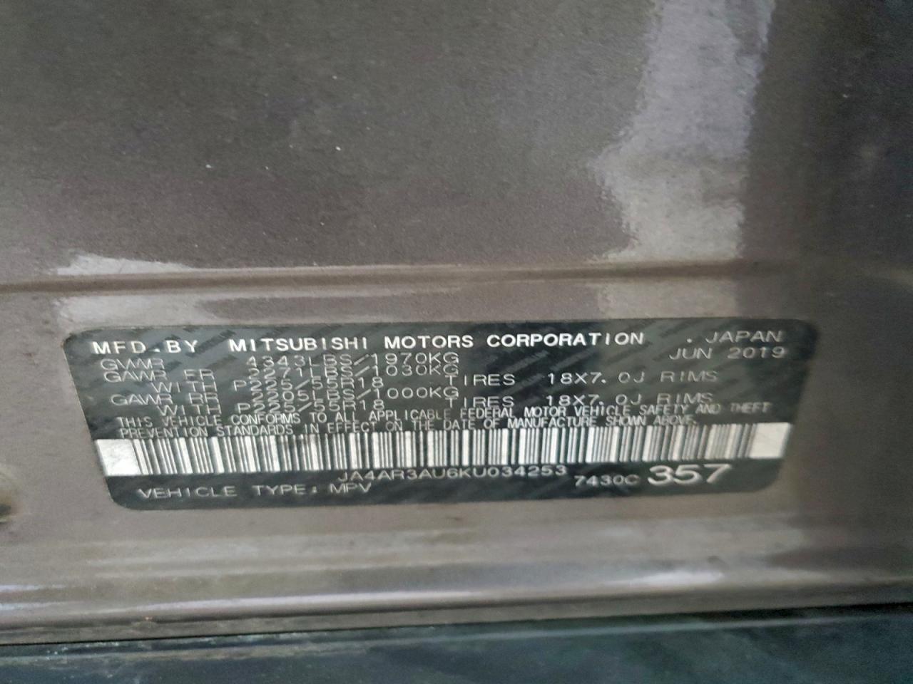 2019 Mitsubishi Outlander Sport Es VIN: JA4AR3AU6KU034253 Lot: 94052705