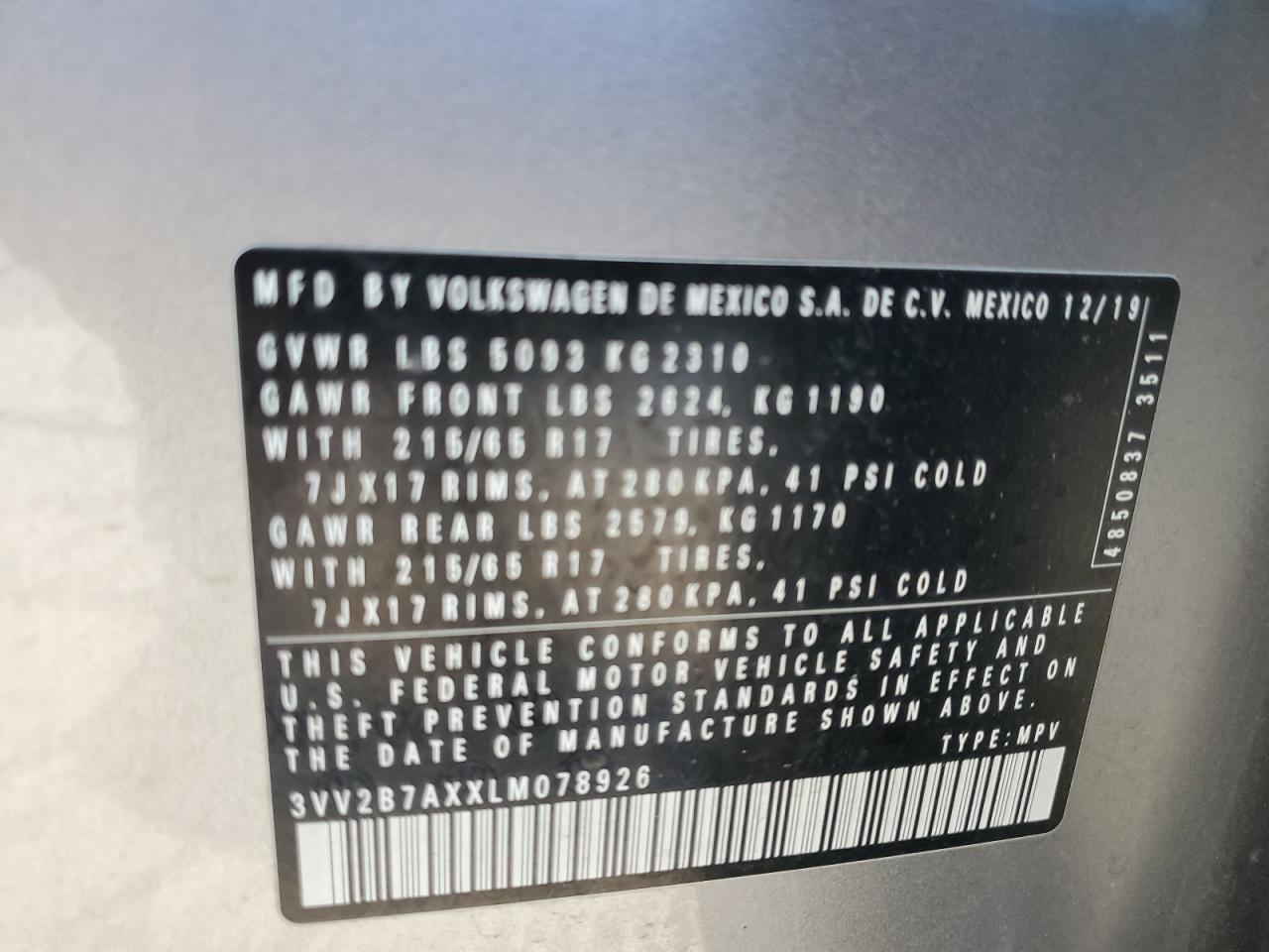 2020 Volkswagen Tiguan Se VIN: 3VV2B7AXXLM078926 Lot: 91168855