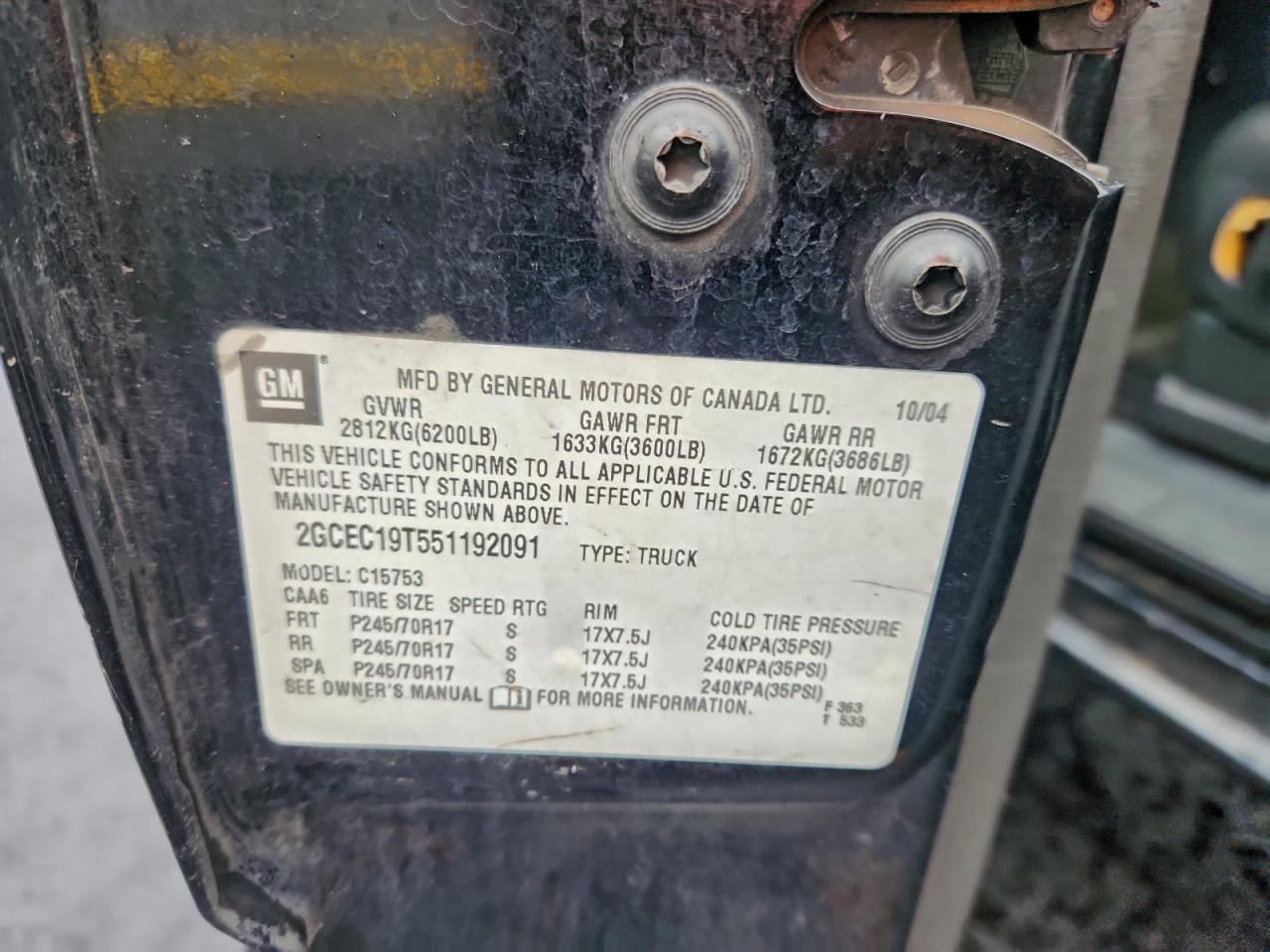 2005 Chevrolet Silverado C1500 VIN: 2GCEC19T551192091 Lot: 94676525