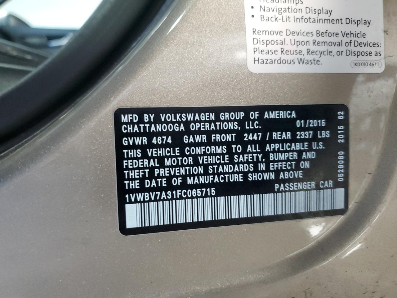 2015 Volkswagen Passat Se VIN: 1VWBV7A31FC065715 Lot: 92909525