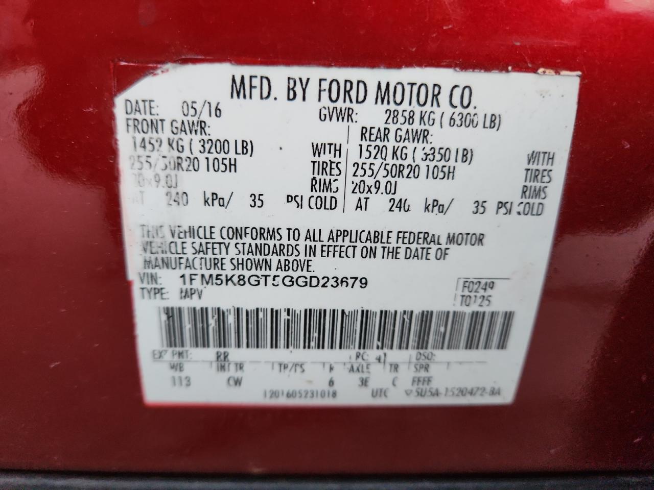 2016 Ford Explorer Sport VIN: 1FM5K8GT5GGD23679 Lot: 92816505