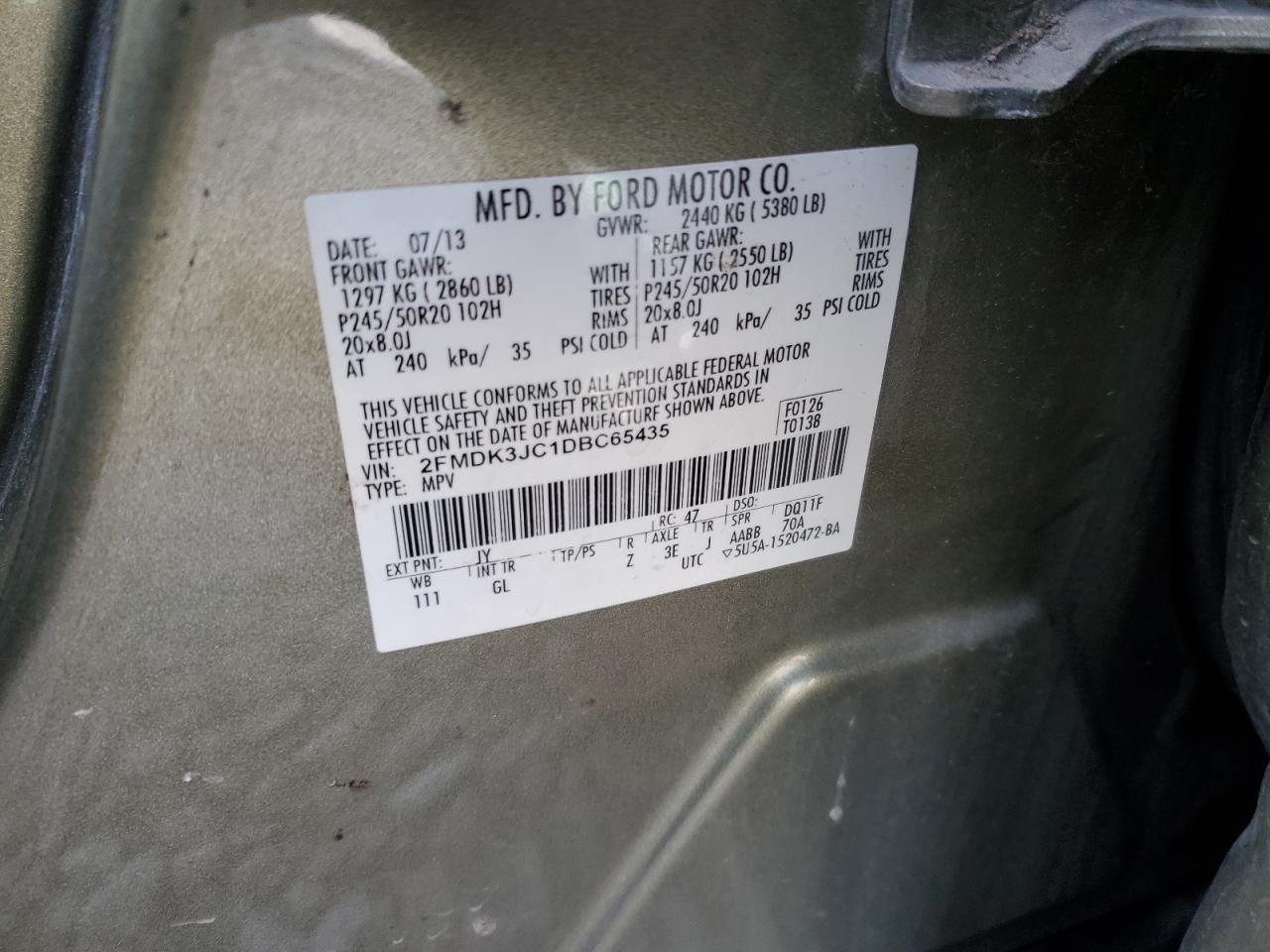 2013 Ford Edge Sel VIN: 2FMDK3JC1DBC65435 Lot: 92503245