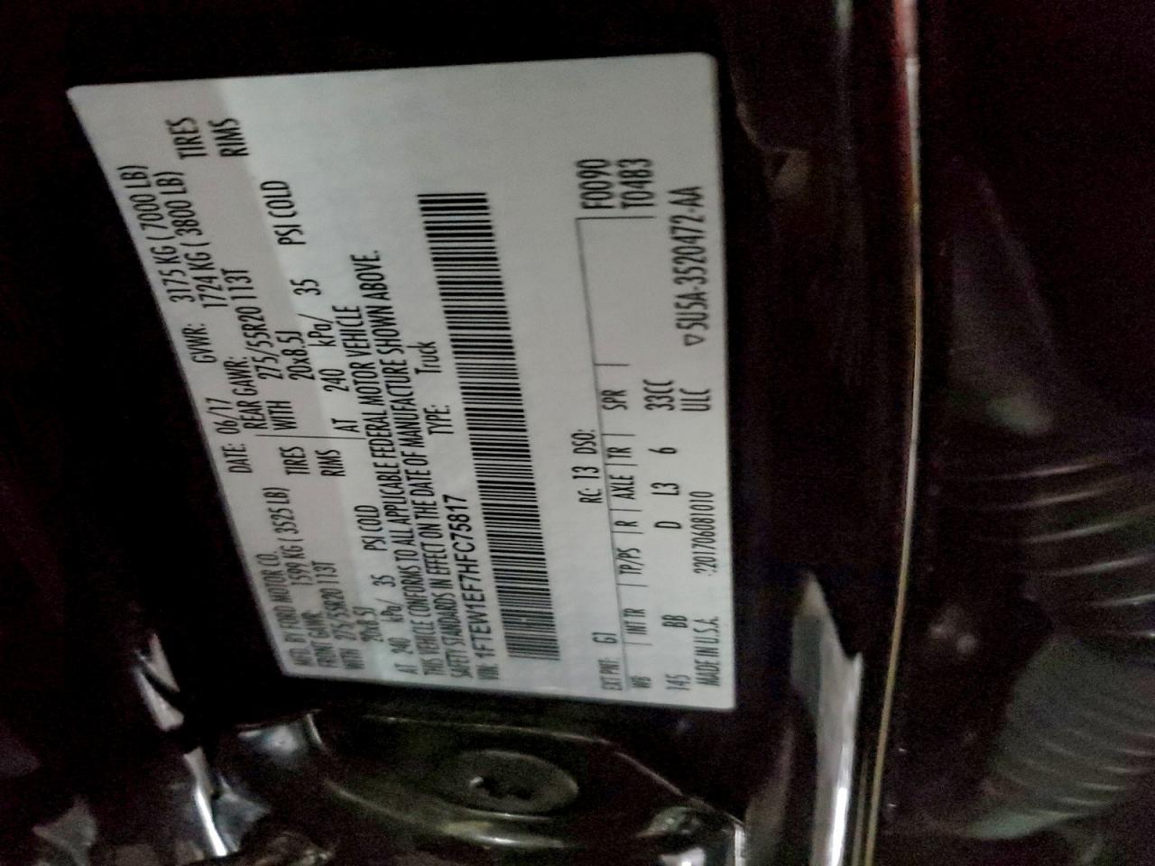 2017 Ford F150 Supercrew VIN: 1FTEW1EF7HFC75817 Lot: 94771715