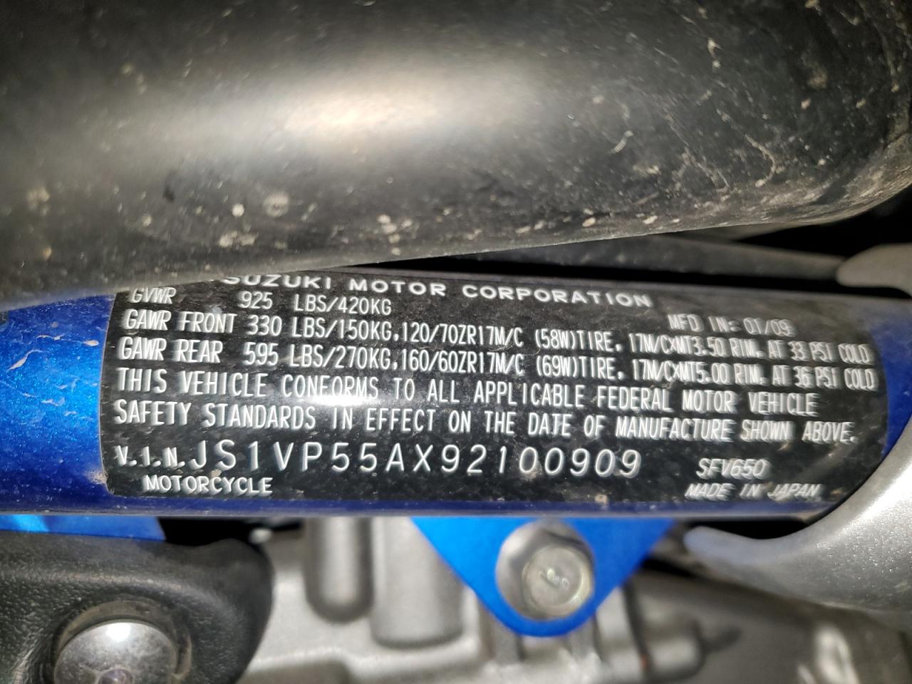 2009 Suzuki Sfv650 VIN: JS1VP55AX92100909 Lot: 91645105
