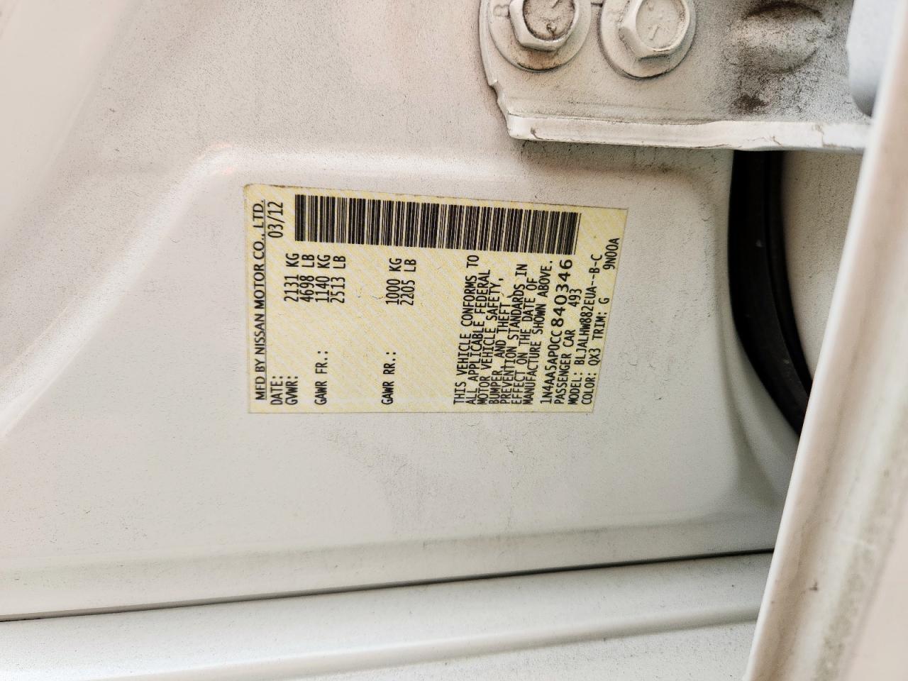 2012 Nissan Maxima S VIN: 1N4AA5AP0CC840346 Lot: 93684665