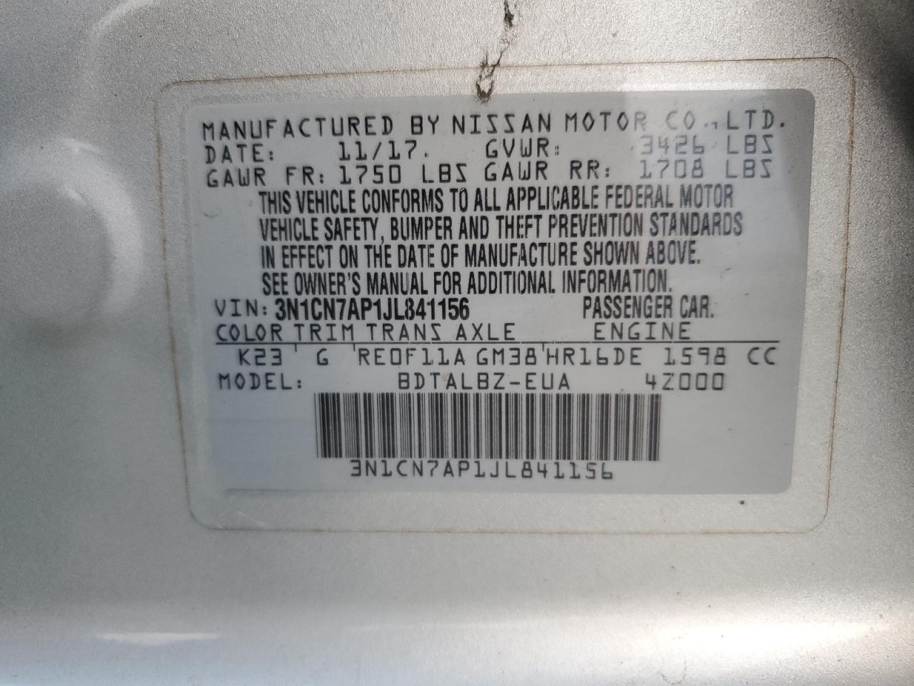 2018 Nissan Versa S VIN: 3N1CN7AP1JL841156 Lot: 93489775