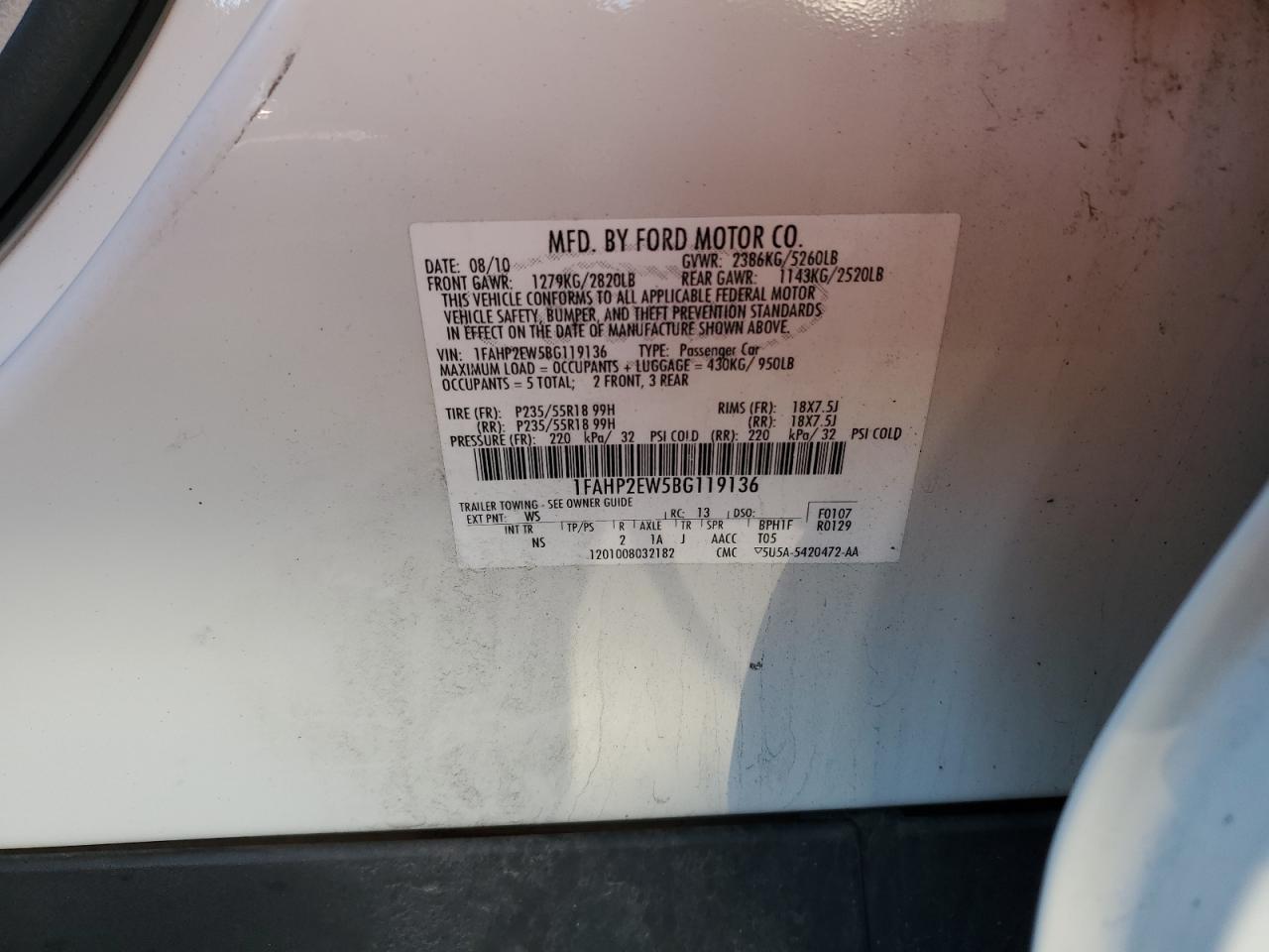 2011 Ford Taurus Sel VIN: 1FAHP2EW5BG119136 Lot: 91867605