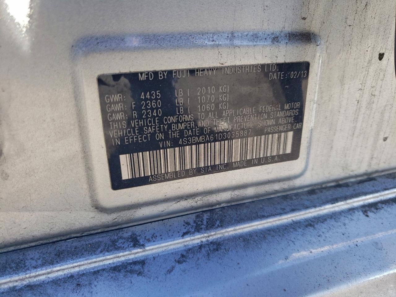 2013 Subaru Legacy 2.5I VIN: 4S3BMBA61D3035887 Lot: 93884925