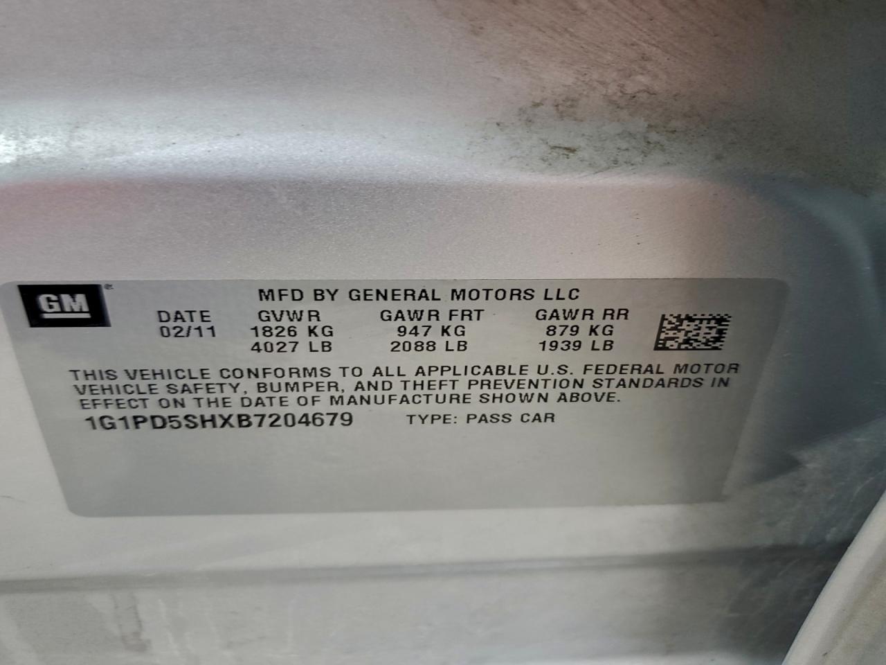 2011 Chevrolet Cruze Ls VIN: 1G1PD5SHXB7204679 Lot: 93437075