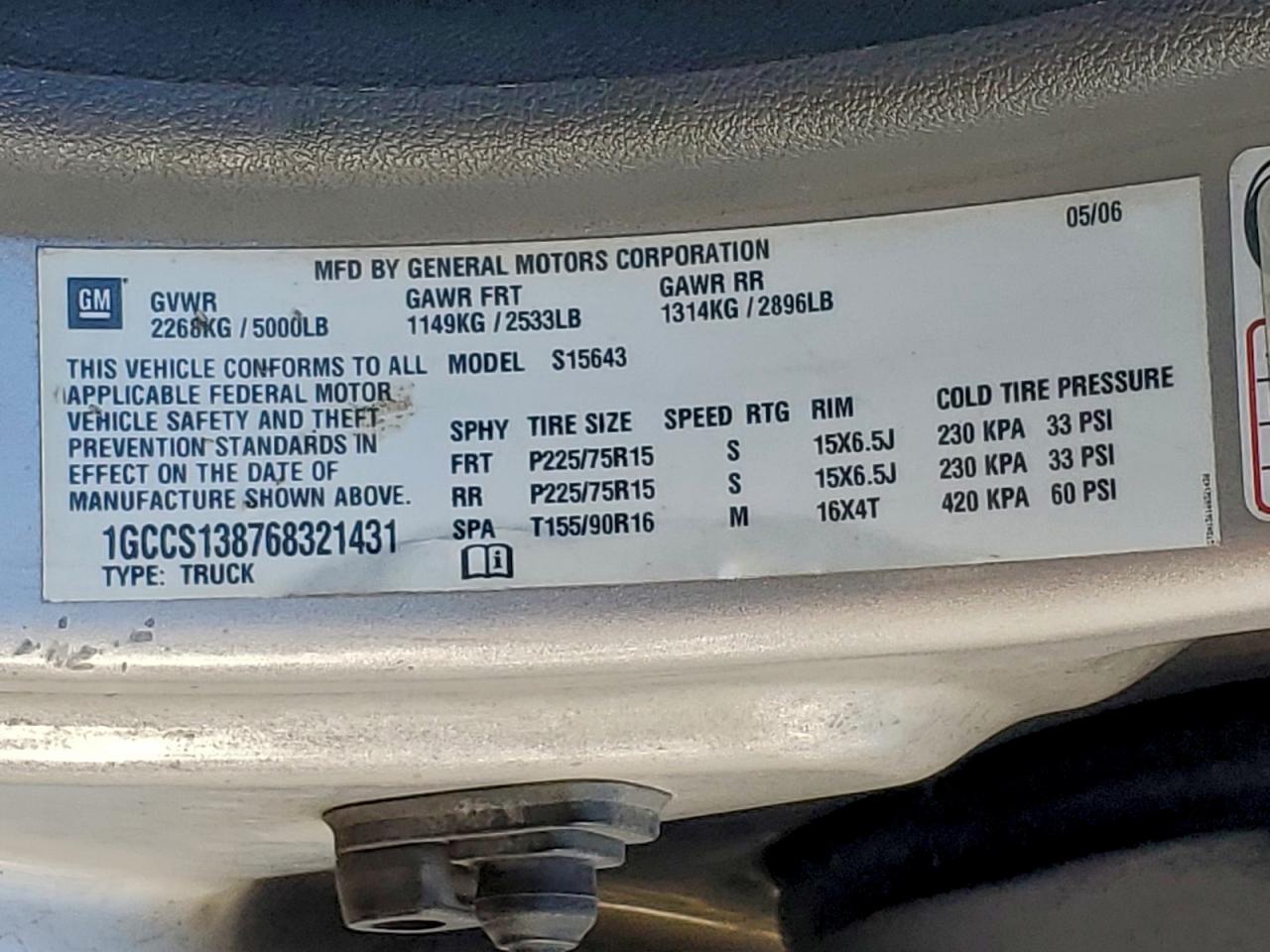 2006 Chevrolet Colorado VIN: 1GCCS138768321431 Lot: 93827865