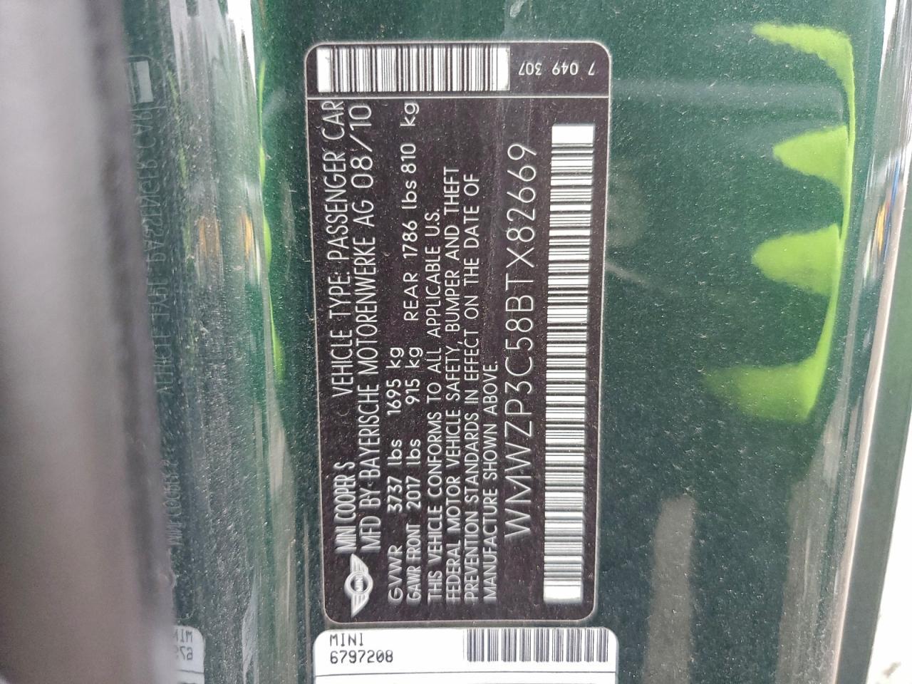 2011 Mini Cooper S VIN: WMWZP3C58BTX82669 Lot: 94225655