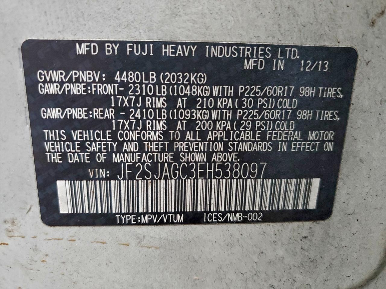 2014 Subaru Forester 2.5I Premium VIN: JF2SJAGC3EH538097 Lot: 94091865